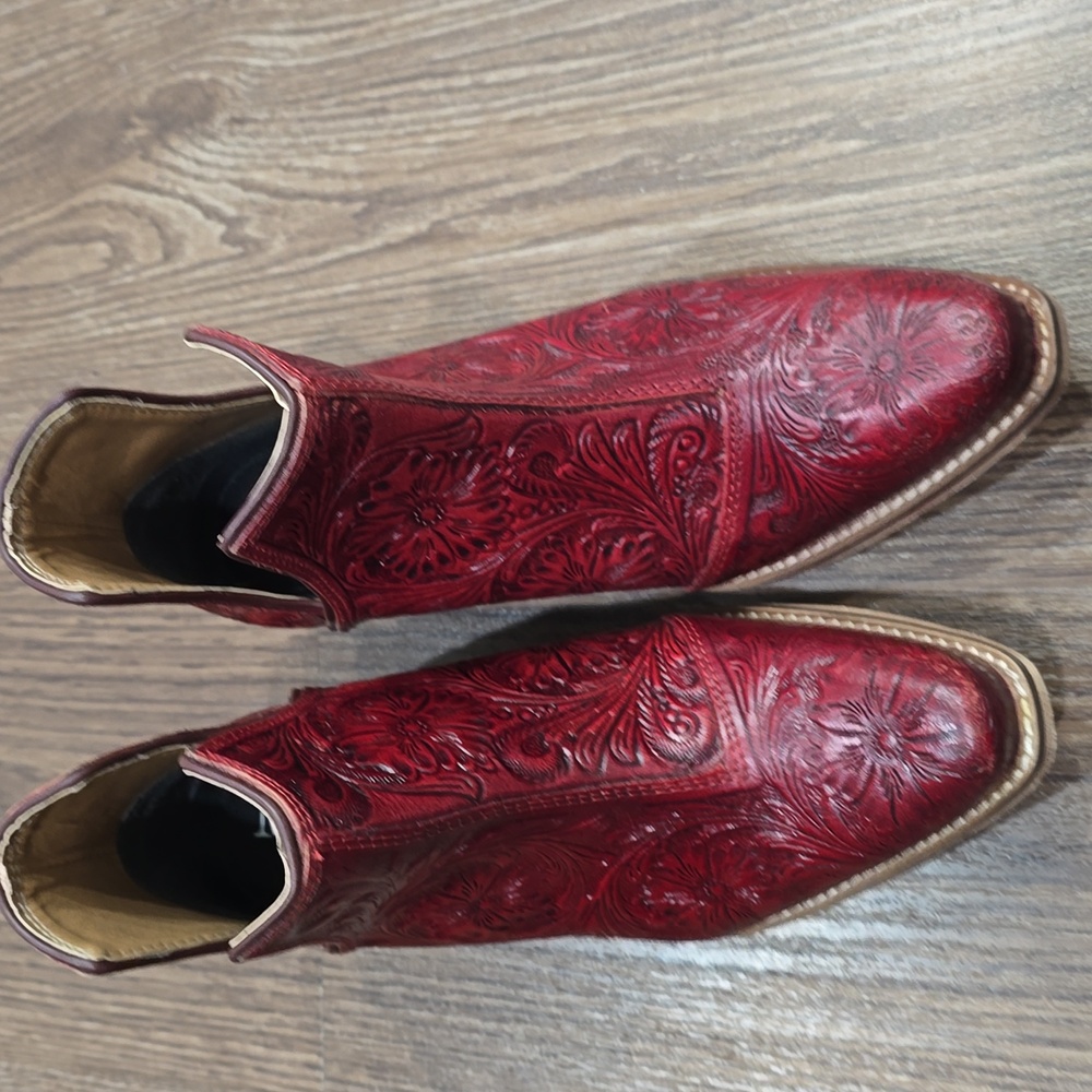 Scarlet Hand Tooled Genuine Leather Women Bootie Cowboy Boot Boho Western Red 6 - Picture 6 of 6